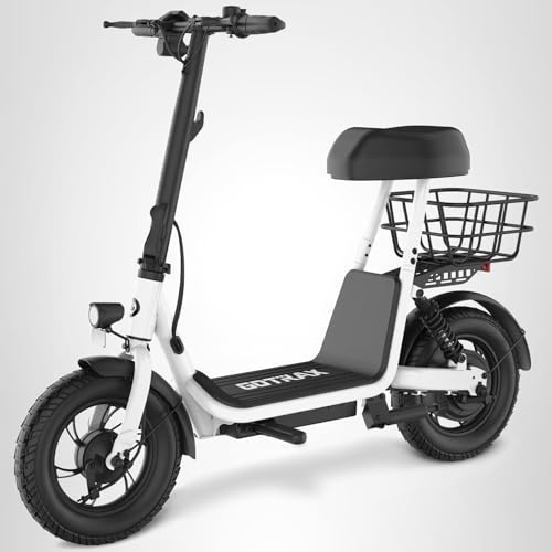 Gotrax A5 Electric Scooter w/Seat for Adults, 12" Pneumatic Tire, Max 15.5 Miles&15.5 Mph Power by 400W Motor, Dual Rear Shock Absorber&Dual Brake, Comfortable Wider Seat&Carry Basket&Hook, White