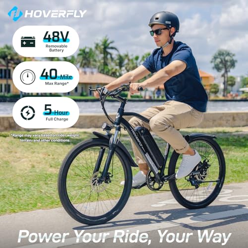 Hoverfly OUREA 26" Electric Bike for Adults, 750W Peak Motor Mountain Ebike, 20MPH Up to 40 Miles, UL2849 Certified, 7-Speed, Removable Battery, Shock Absorber, Fat Tire Commuter E-Bike