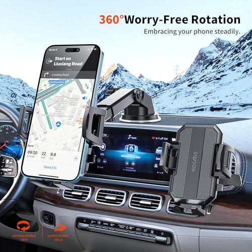 SUUSON Upgraded 3-in-1 Car Phone Holder Mount [Powerful Suction] Phone Mount for Car Dashboard Air Vent Windshield,for All iPhone Android Phone (Black)