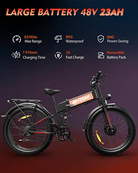 Folding Electric Bike for Adults, 3000W Peak Ebike, 48V 23Ah Removable Battery, Dual Motor 26" Fat Tire E-Bike, Up to 35MPH & 60 Miles Range, All-Terrain Electric Dirt Bike for Mountain & City Ride
