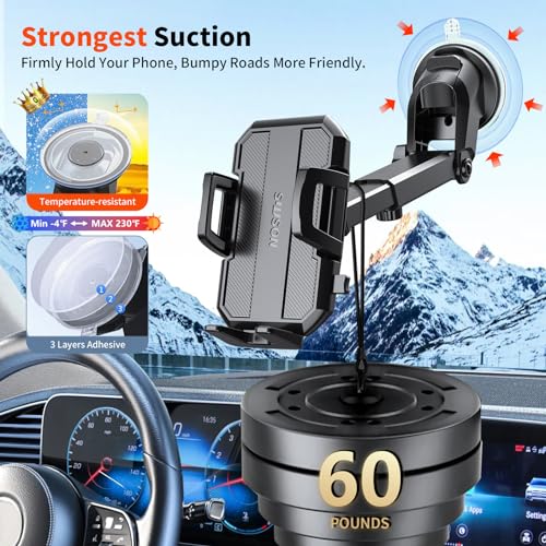 SUUSON Upgraded 3-in-1 Car Phone Holder Mount [Powerful Suction] Phone Mount for Car Dashboard Air Vent Windshield,for All iPhone Android Phone (Black)