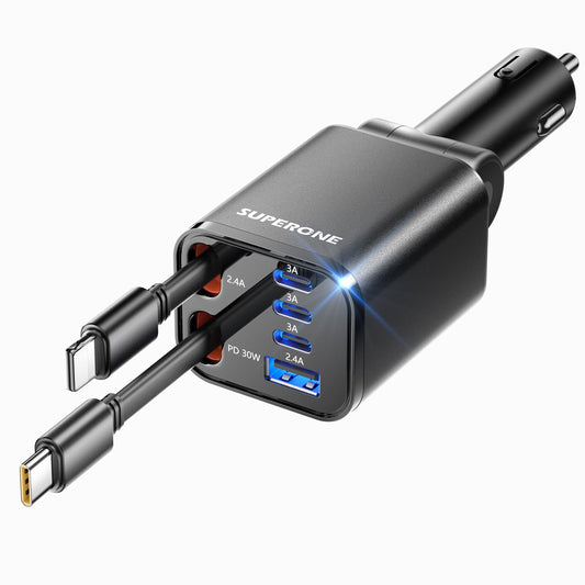 Retractable Car Charger, SUPERONE 99W Car Phone Charger with Cables Fast Charging, USB C Car Charger Adapter for iPhone 17 16 15 14 13 12, Samsung, Black