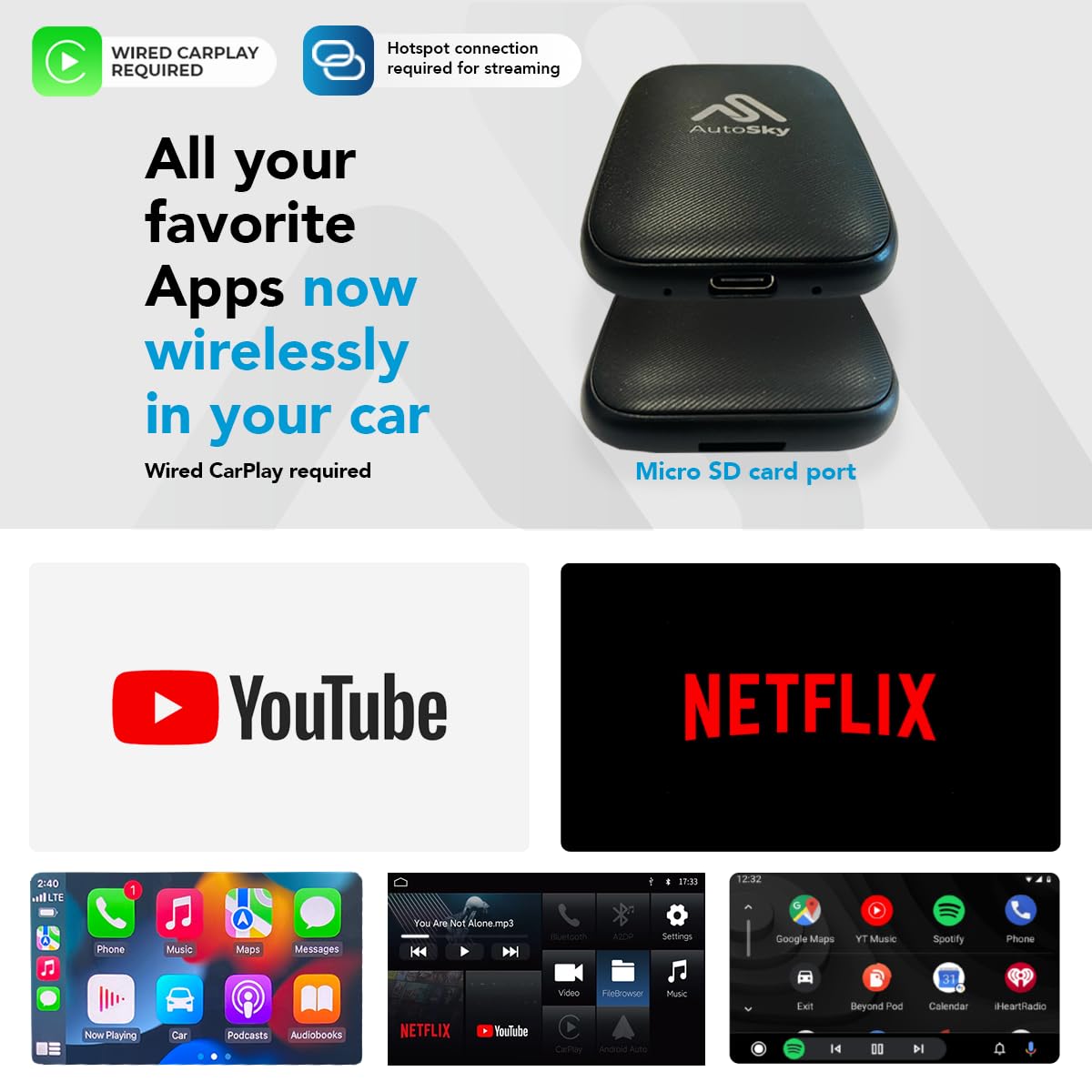AutoSky AI Box Lite – Wireless CarPlay & Android Auto Adapter with Netflix & YouTube – Plug & Play CarPlay Converter – Works with Factory Wired CarPlay Systems (2016+)