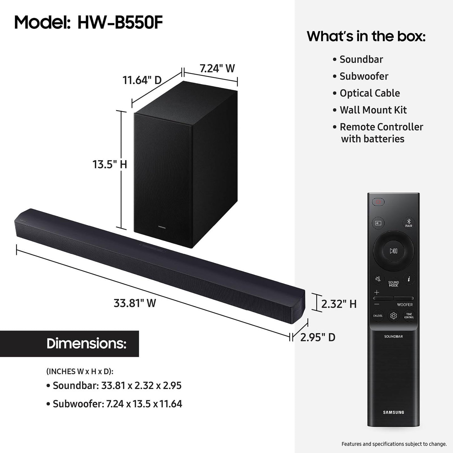 Samsung B-Series Soundbar HW-B550F 2.1 ch DTS Virtual:X Soundbar with Subwoofer (2025 Model) Voice Enhance Mode, Bass Boost, Adaptive Sound - Volt-Edge Technologies®