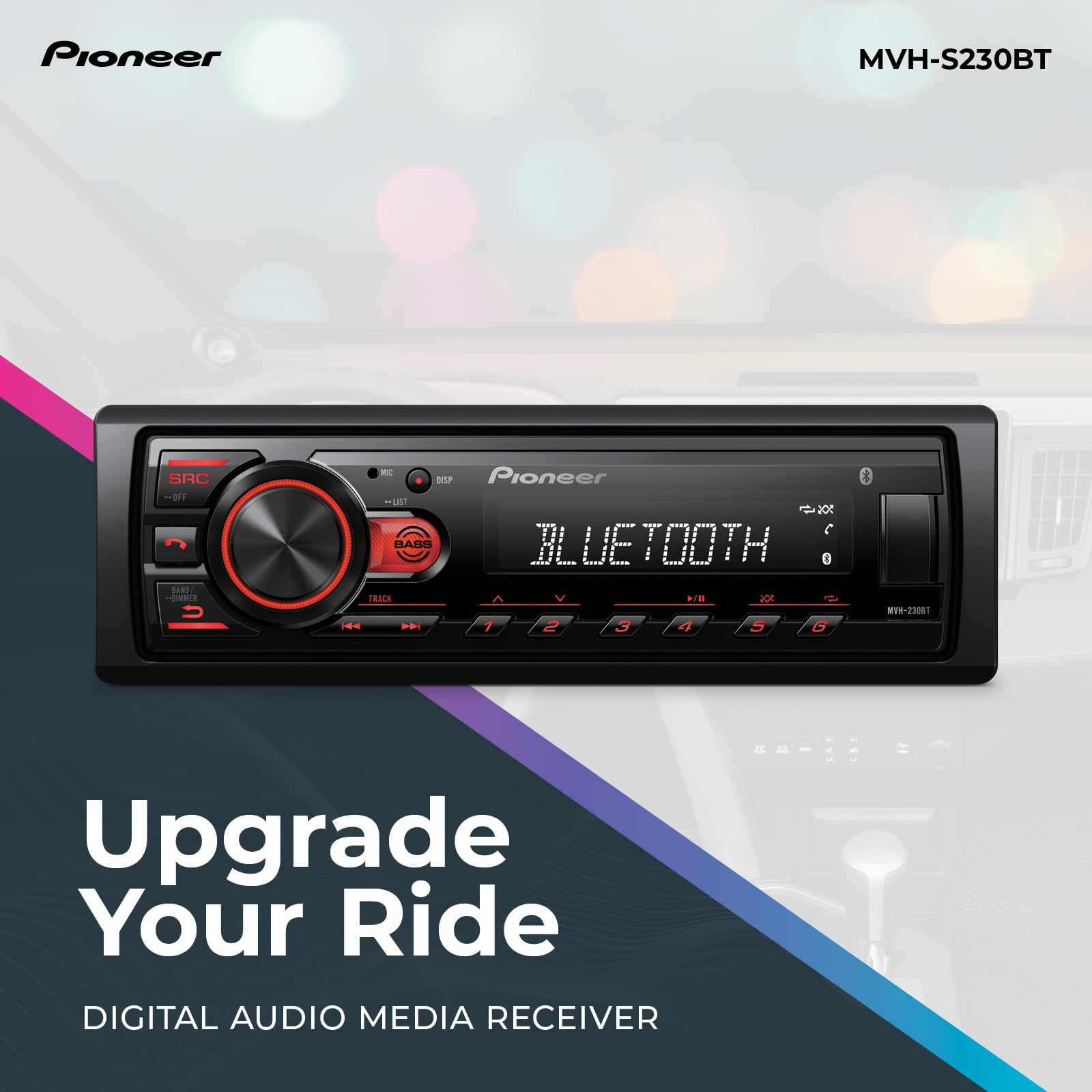 Pioneer MVH-S230BT 1-Din Digital Media Receiver – Bluetooth, USB, 50W x 4 Output, AM/FM Radio, iPhone/Android Compatible, Front/SW (Mono) Selectable RCA Output