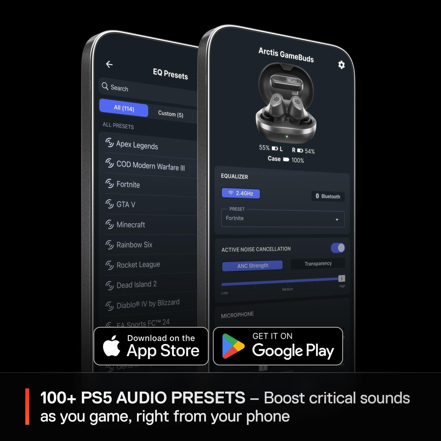 Arctis GameBuds for PlayStation/PC/Switch/Mobile — 2.4GHz + Bluetooth 5.3 Earbuds — Active Noise Cancelling — Mobile App Sound Presets — Water Resistant IP55 — 40H Battery with Qi Charging Case