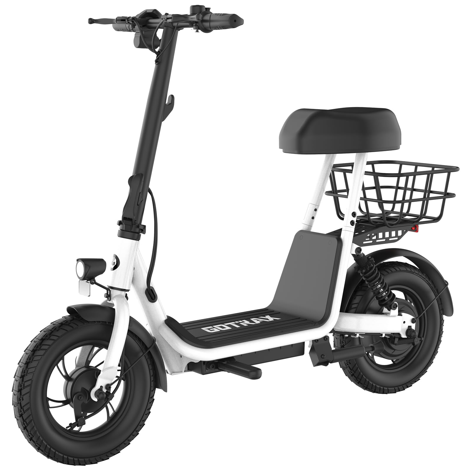Gotrax A5 Electric Scooter w/Seat for Adults, 12" Pneumatic Tire, Max 15.5 Miles&15.5 Mph Power by 400W Motor, Dual Rear Shock Absorber&Dual Brake, Comfortable Wider Seat&Carry Basket&Hook, White