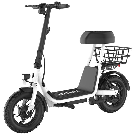 Gotrax A5 Electric Scooter w/Seat for Adults, 12" Pneumatic Tire, Max 15.5 Miles&15.5 Mph Power by 400W Motor, Dual Rear Shock Absorber&Dual Brake, Comfortable Wider Seat&Carry Basket&Hook, White