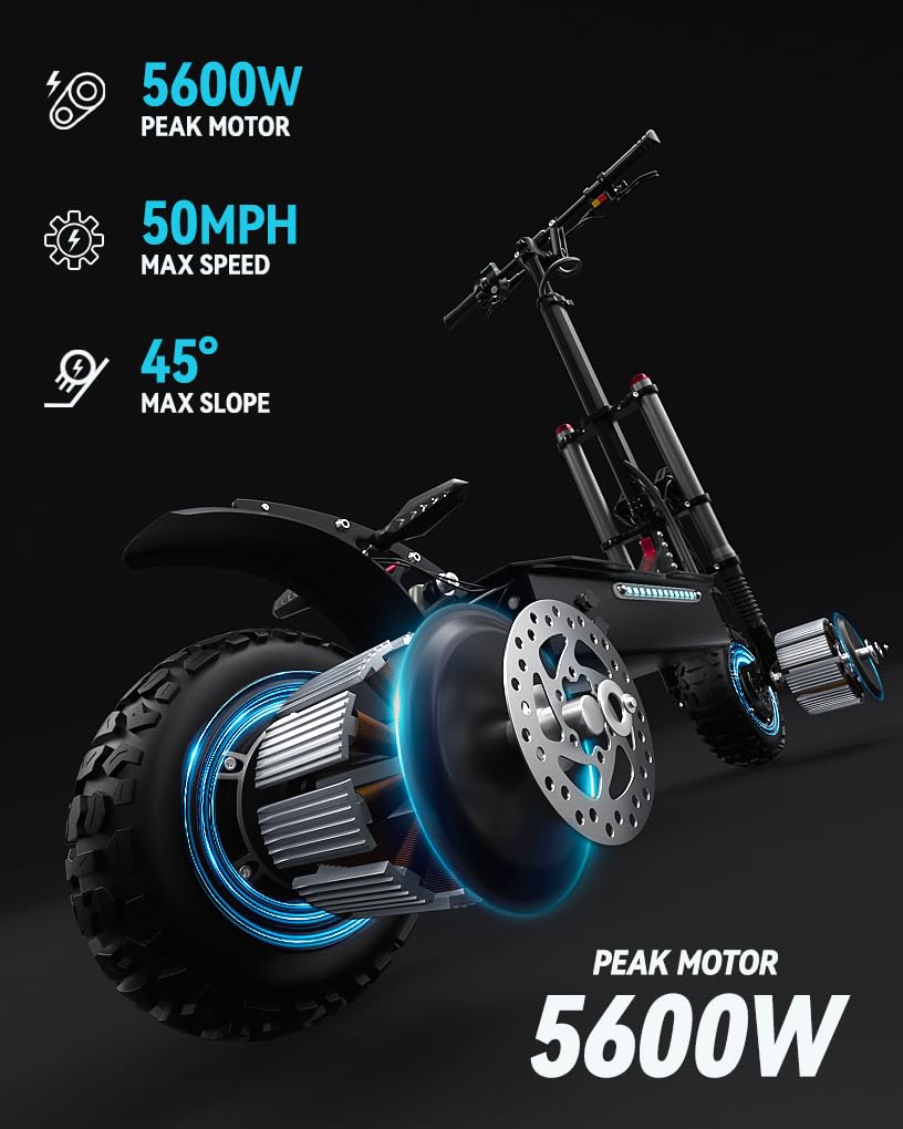 Adults Electric Scooter, Max Speed 50 MPH, 60V5600W High Power Dual Motor,Up to 50Miles Range Battery, 11 Inch Pneumatic Off-Road Tires with Detachable Seat for Daily Commuting US Standard Plug