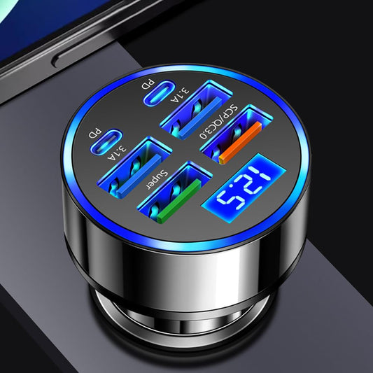 Alanph 6-in-1 Multi-Port Car Charger with Voltage Detection, 2PD+3USB+QC3.0 Fast Charge Cigarette Lighter Plug Adapter Compatible with iPhone,Android,Samsung,iPad Pro and More