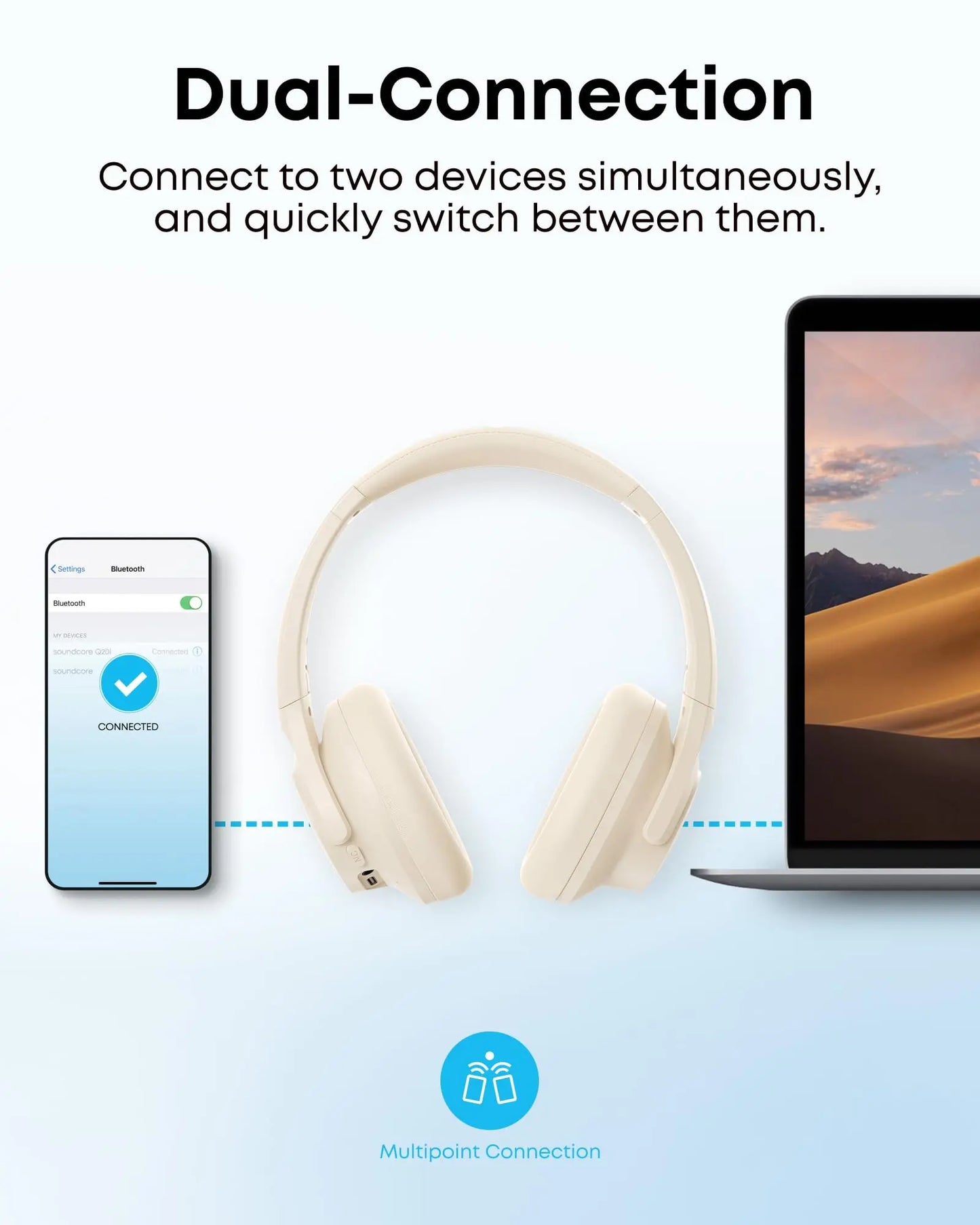 Soundcore by Anker Q20i Hybrid Active Noise Cancelling Headphones, Wireless Over-Ear Bluetooth, 40H Long ANC Playtime, Hi-Res Audio, Big Bass, Customize via an App, Transparency Mode (White) - Volt-Edge Technologies®