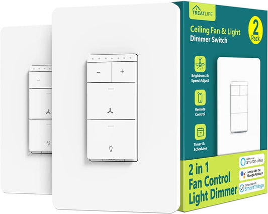 TREATLIFE Smart Ceiling Fan Control and Dimmer Light Switch 2PACK, Neutral Wire Needed, 2.4Ghz Single Pole Wi-Fi Fan Light Switch Combo, Works with Alexa, Google Home and SmartThings, Remote Control