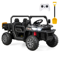 OLAKIDS 2 Seater Ride On Car, 12V Off-Road UTV Electric Vehicle with Remote Control, Dump Bed, Extra Shovel, Music, USB, AUX, Rocking Function, Kids Toddlers Battery Powered Truck (Dark Black)