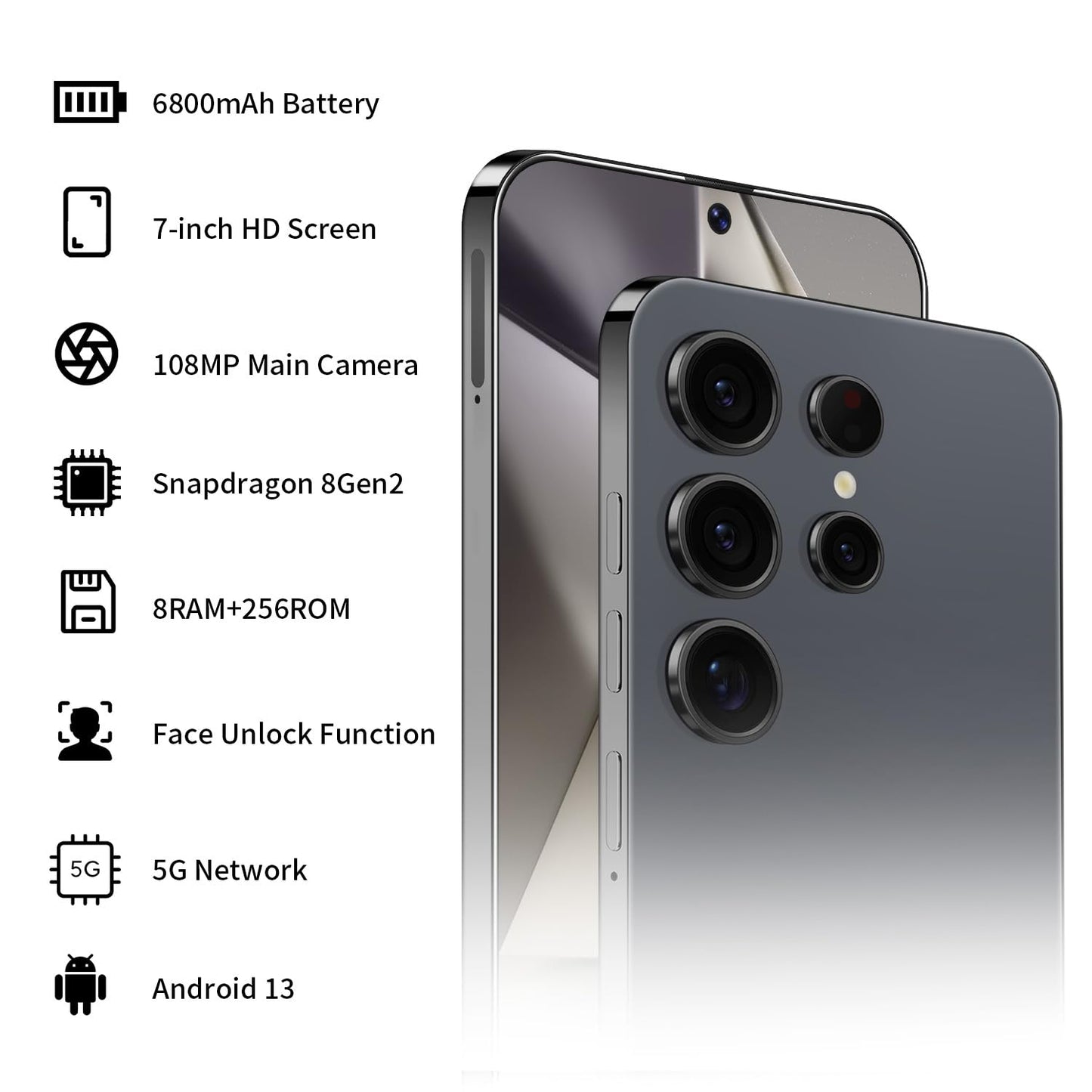 XUANMEIKE Unlocked Phone S24 Ultra Android Phone 8-core 8GB+256GB Cell Phone 7 inch HD Screen Mobile Phone 108MP+48MP Camera 6800 mAh Battery 5G Dual SIM (Titanium Black)