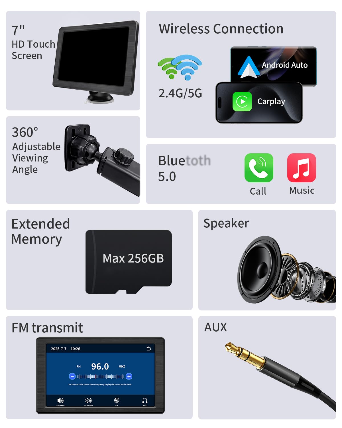 Portable Apple Carplay Screen for Car, 7" HD Car Stereo Touchscreen with Wireless CarPlay & Android Auto, Mirror Link, Bluetooth, Voice Control, Memory Card Playback, AUX - Fits All Vehicles