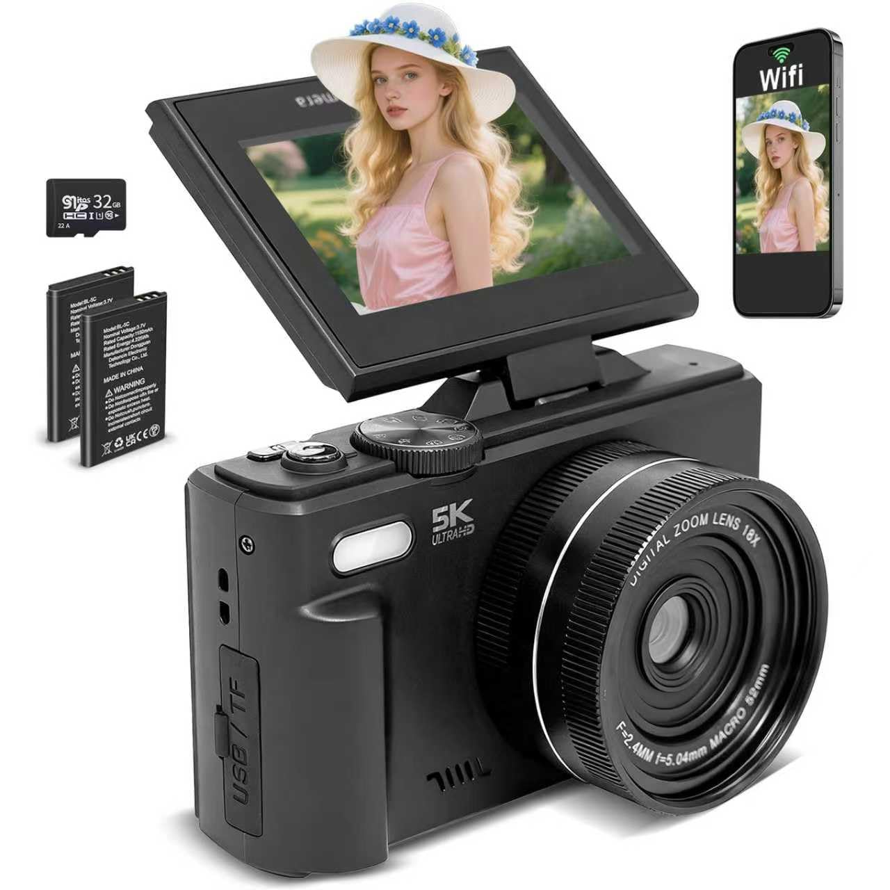 5k Digital Camera,75mp Cameras for Photography with 18x Optical Zoom & Autofocus,3" 180° Flip Screen,WiFi Vlogging Camera for YouTube Video,Photography Cameras for Beginners,With32GB Card & Flas - Volt-Edge Technologies®