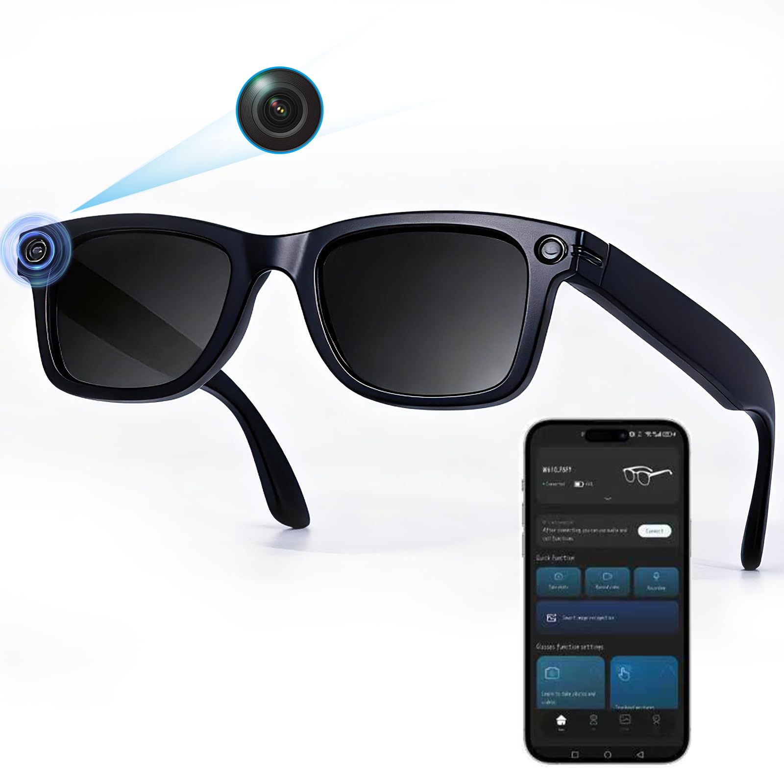 AI Smart Glasses with Camera, 800W HD 1200P Video Recording with Anti-Shake, Real-Time Translation, Object Recognition, Open-Ear Audio for Music & Clear Calls, Bluetooth WiFi App, IP65 Waterproof 32GB