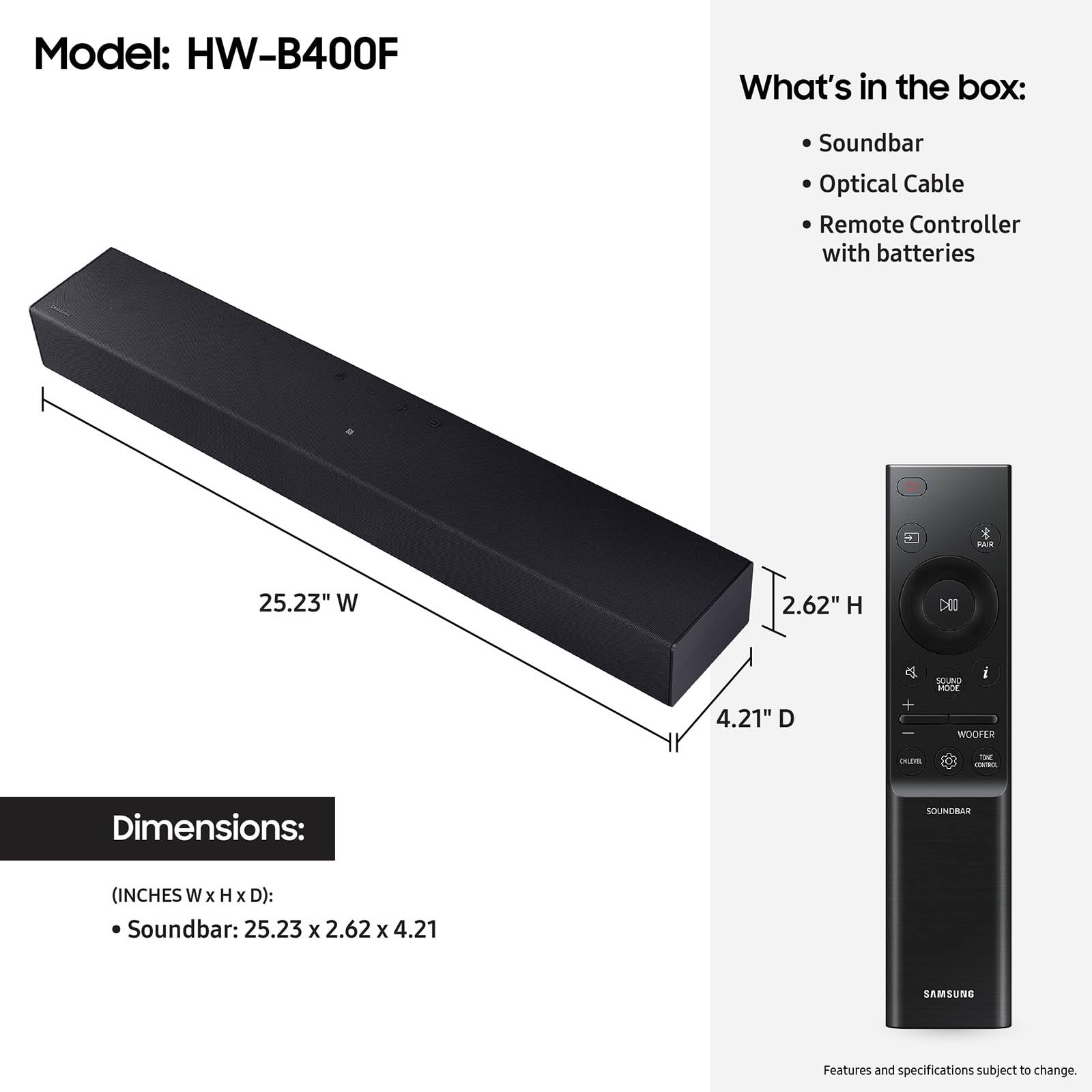 Samsung B-Series Soundbar HW B400F 2.0 ch Soundbar with Built in Subwoofer (2025 Model) One Remote Control, Surround Sound Expansion, Voice Enhance Mode - Volt-Edge Technologies®