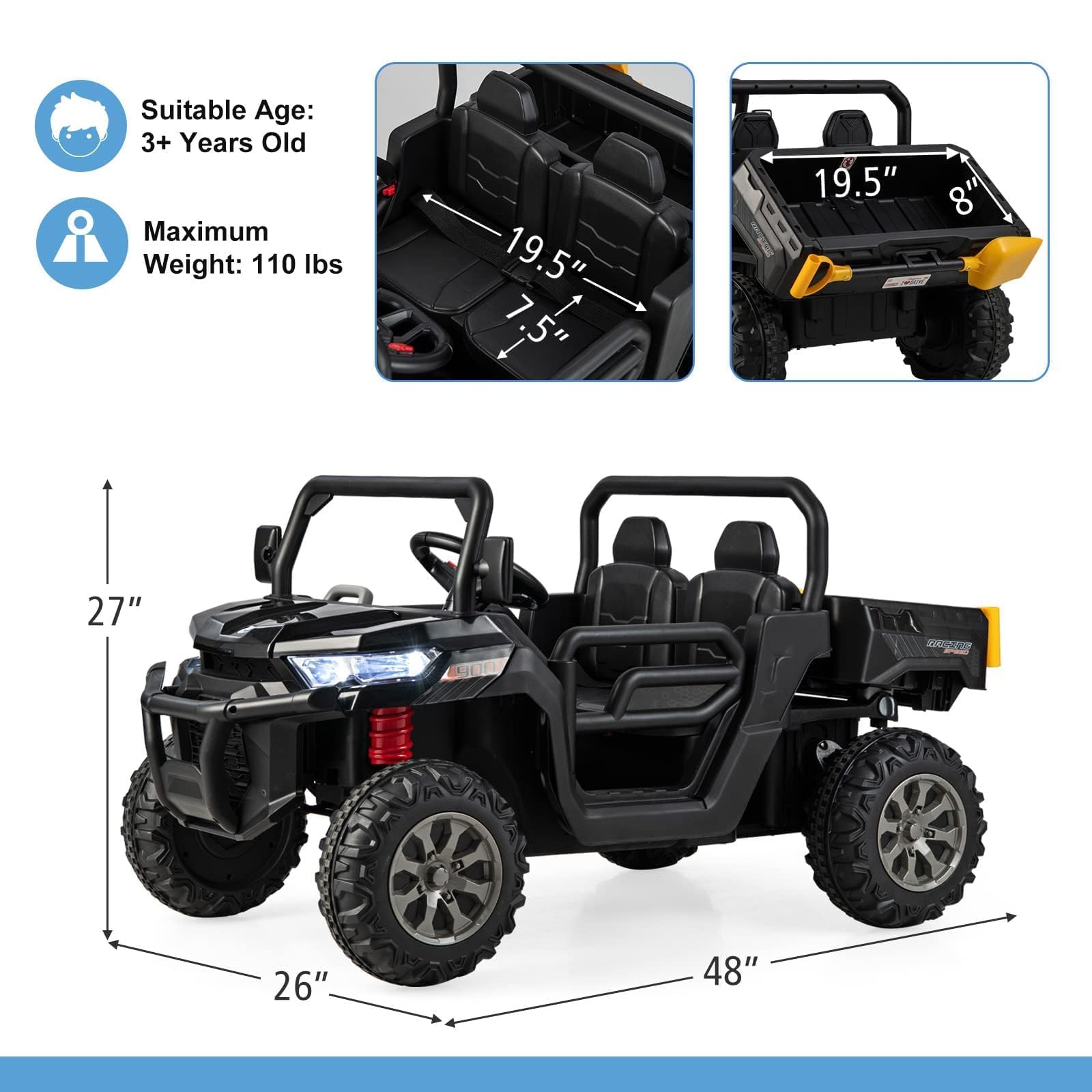 OLAKIDS 2 Seater Ride On Car, 12V Off-Road UTV Electric Vehicle with Remote Control, Dump Bed, Extra Shovel, Music, USB, AUX, Rocking Function, Kids Toddlers Battery Powered Truck (Dark Black)