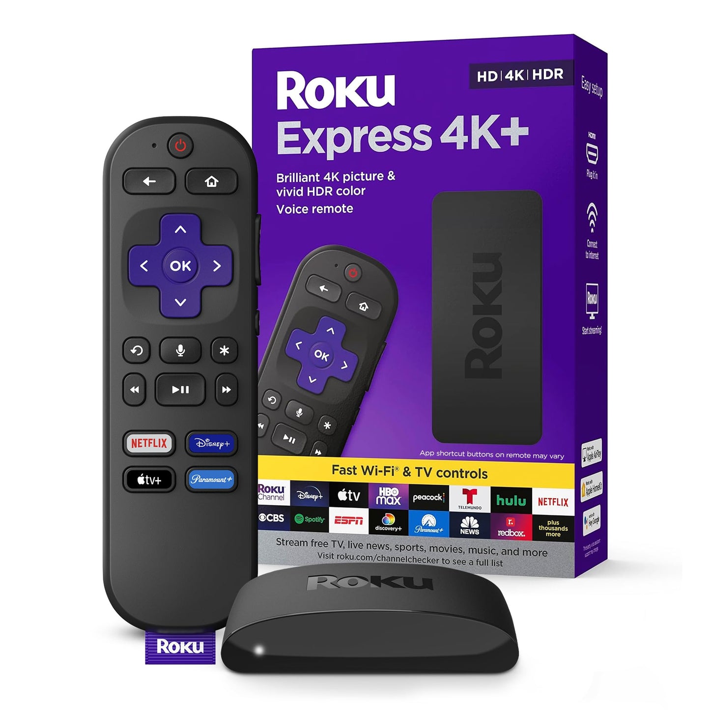 Roku Express 4K+ | Roku Streaming Device 4K/HDR with Voice Remote, Free & Live TV