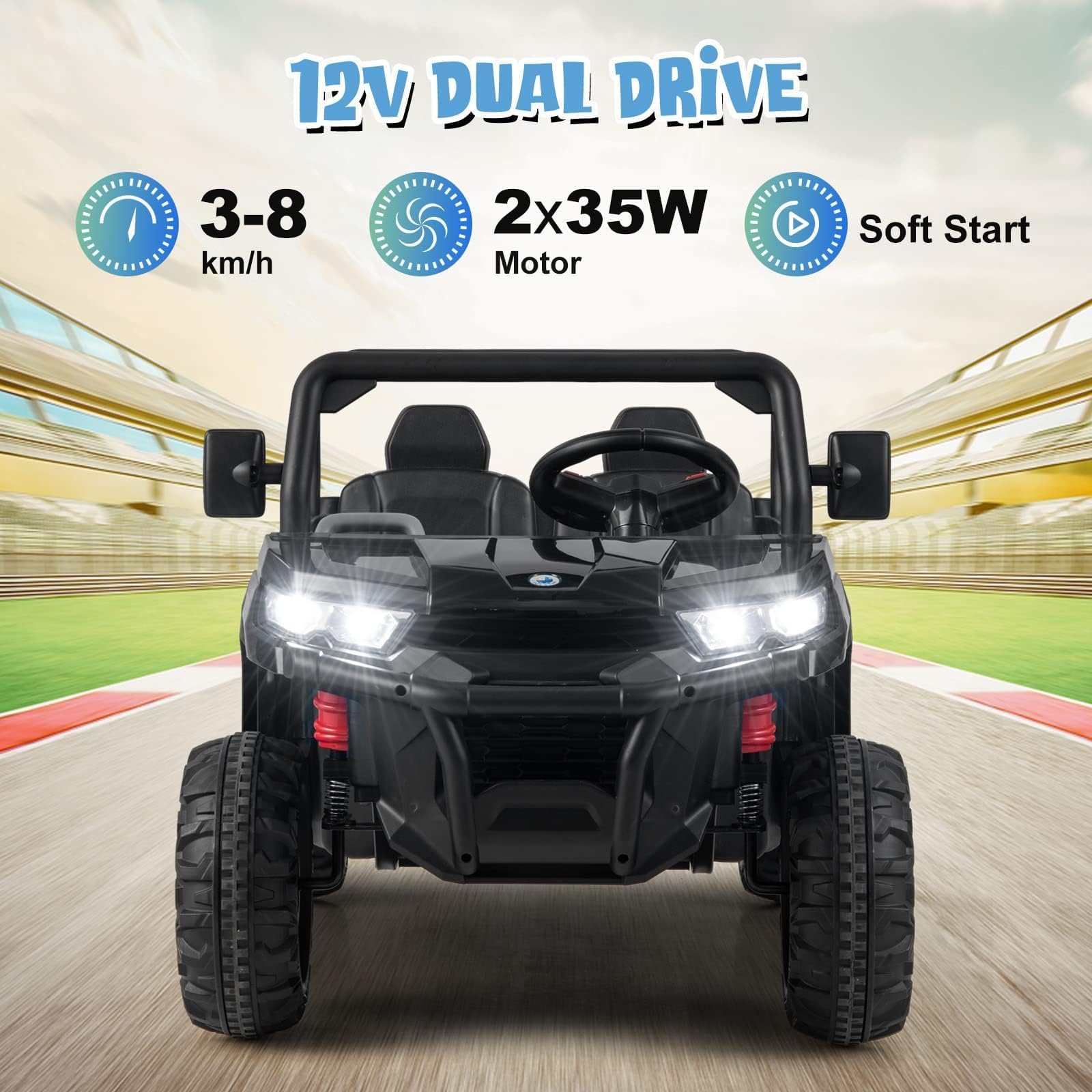 OLAKIDS 2 Seater Ride On Car, 12V Off-Road UTV Electric Vehicle with Remote Control, Dump Bed, Extra Shovel, Music, USB, AUX, Rocking Function, Kids Toddlers Battery Powered Truck (Dark Black)