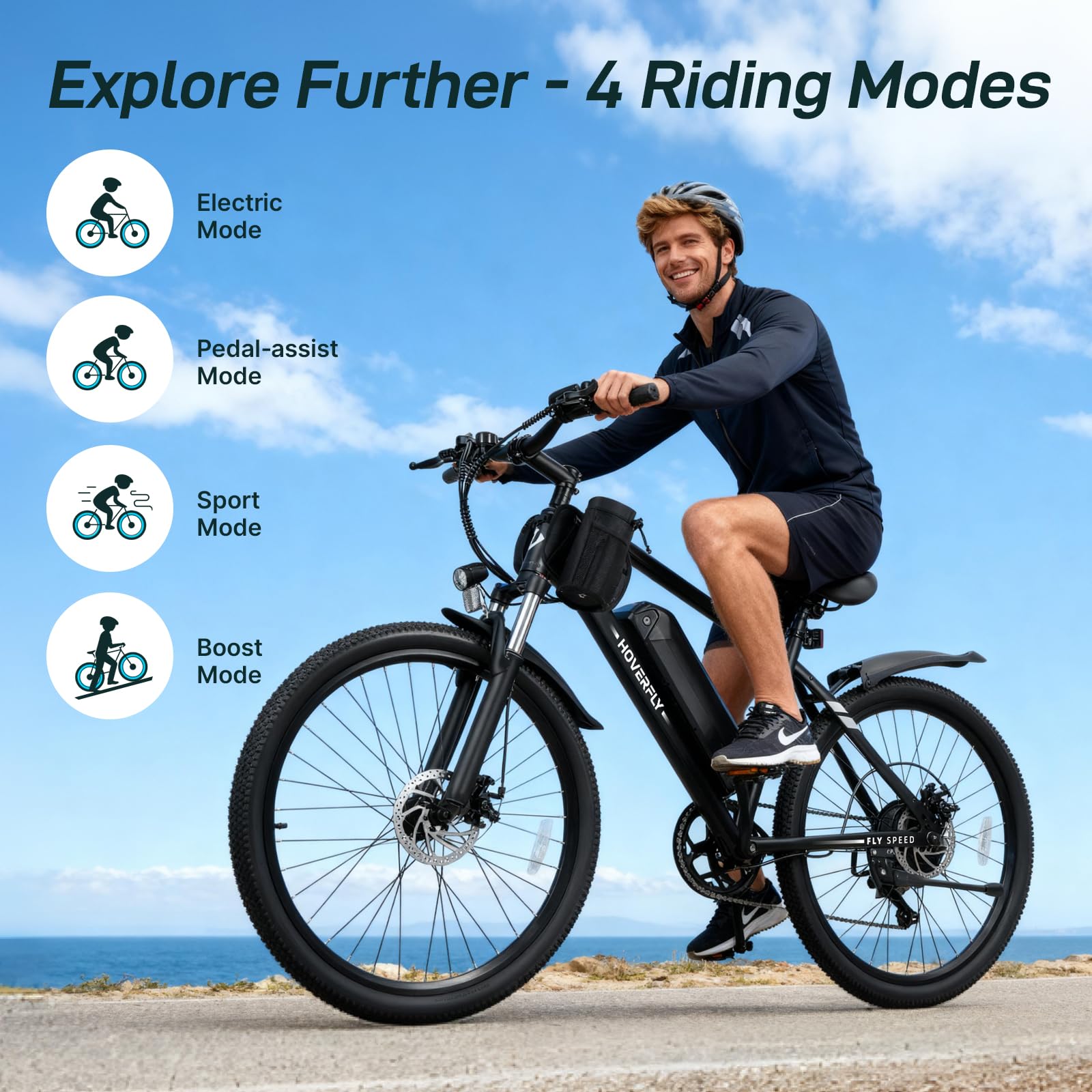 Hoverfly OUREA 26" Electric Bike for Adults, 750W Peak Motor Mountain Ebike, 20MPH Up to 40 Miles, UL2849 Certified, 7-Speed, Removable Battery, Shock Absorber, Fat Tire Commuter E-Bike