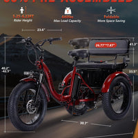 Adult Electric Tricycle 85% Pre-Assembled! Two-Person Electric Tricycle Senior Mobility Scooter Features Dual Storage Baskets & Rear Seat 500W Motor 48V 20Ah Battery（red）