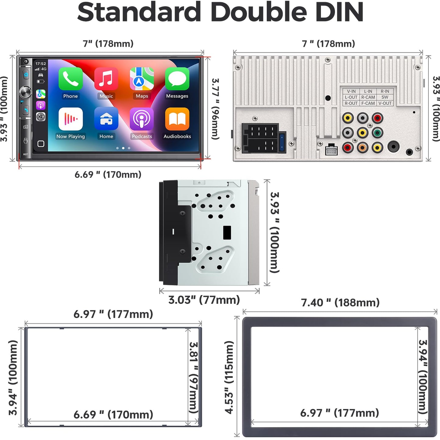 Kissound Double Din Car Stereo with 7" HD Touchscreen, Wireless Apple Carplay & Android Auto, Bluetooth, 240W, SWC, Subwoofer Output, Mirror Link, FM/AM Car Radio Receiver, Backup Camera