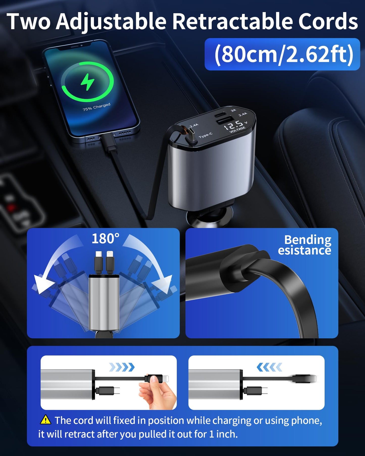 Retractable Car Charger, 4 in 1 Fast Charging Car Charger USB-C & USB-A Compatible with iPhone 16/15/14/13/12/11,Galaxy,Pixel