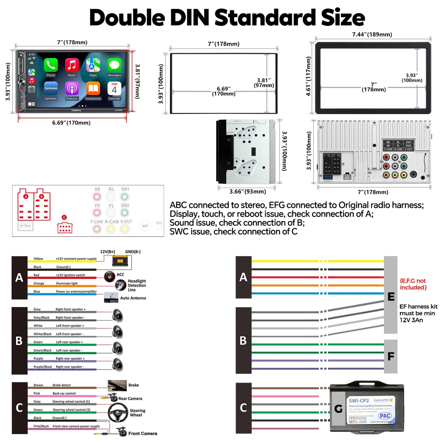 [QLED Screen Upgrade] 7" Double Din Car Stereo with Wireless Apple CarPlay and Android Auto, 240W Powerful Sound, 4.2-Channel Audio Output, Bluetooth, MirrorLink, Backup Camera, AM/FM Car Radio