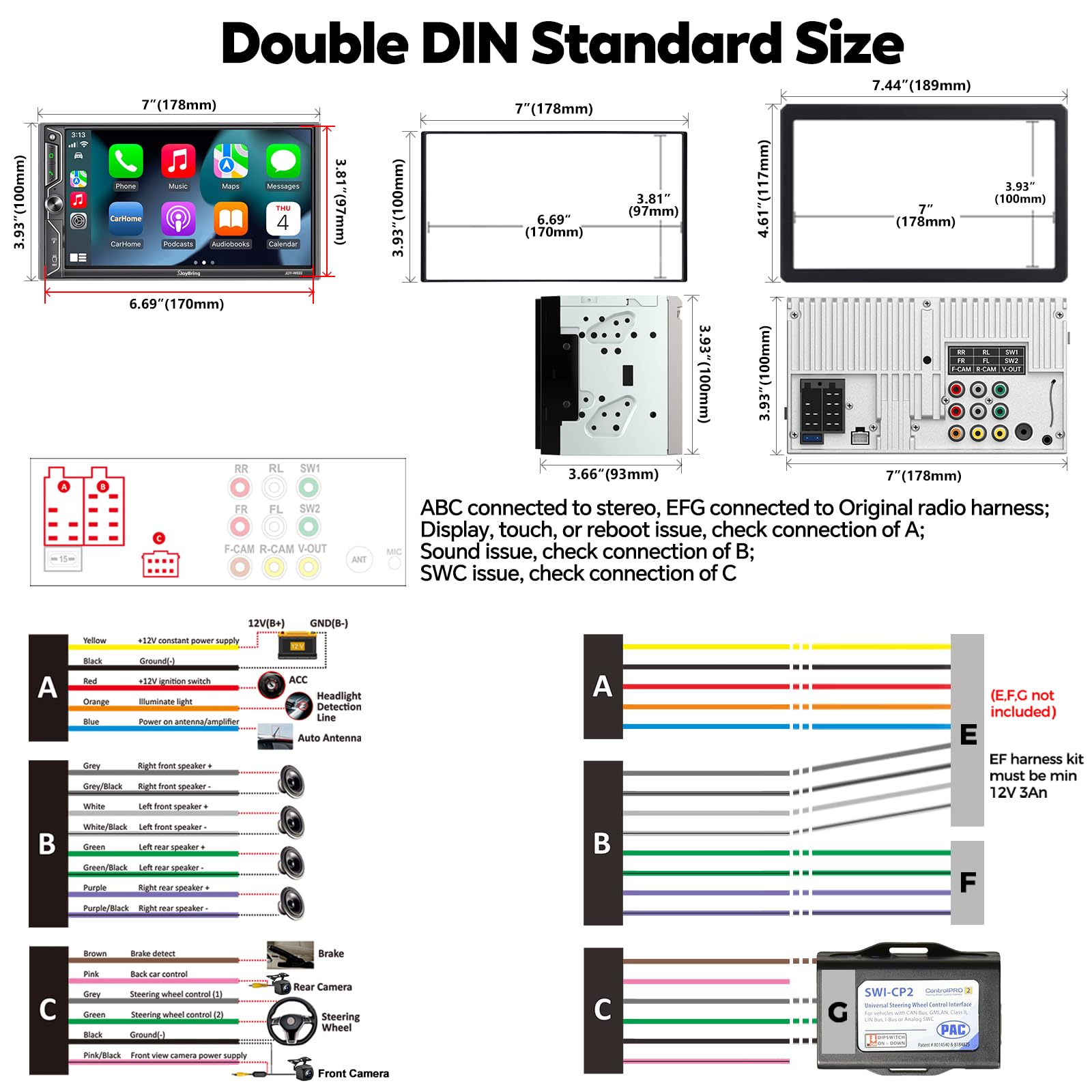 [QLED Screen Upgrade] 7" Double Din Car Stereo with Wireless Apple CarPlay and Android Auto, 240W Powerful Sound, 4.2-Channel Audio Output, Bluetooth, MirrorLink, Backup Camera, AM/FM Car Radio