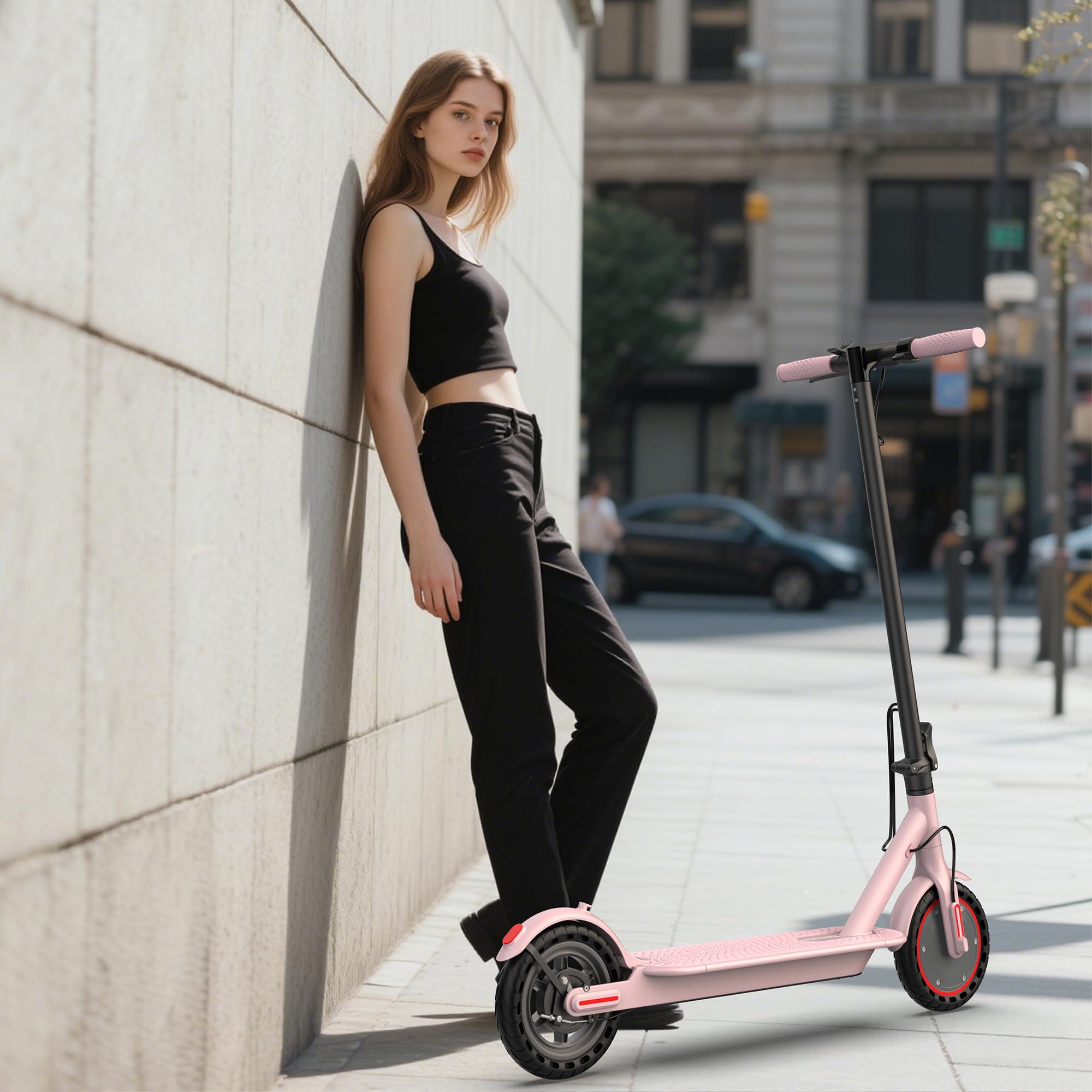 Roinside Electric Scooter - 8.5" Solid Tires, 350W Motor, Up to 19 MPH and 15 Miles Long-Range Commuting Foldable Scooter for Adults with Dual Braking System and Smart App, Pink
