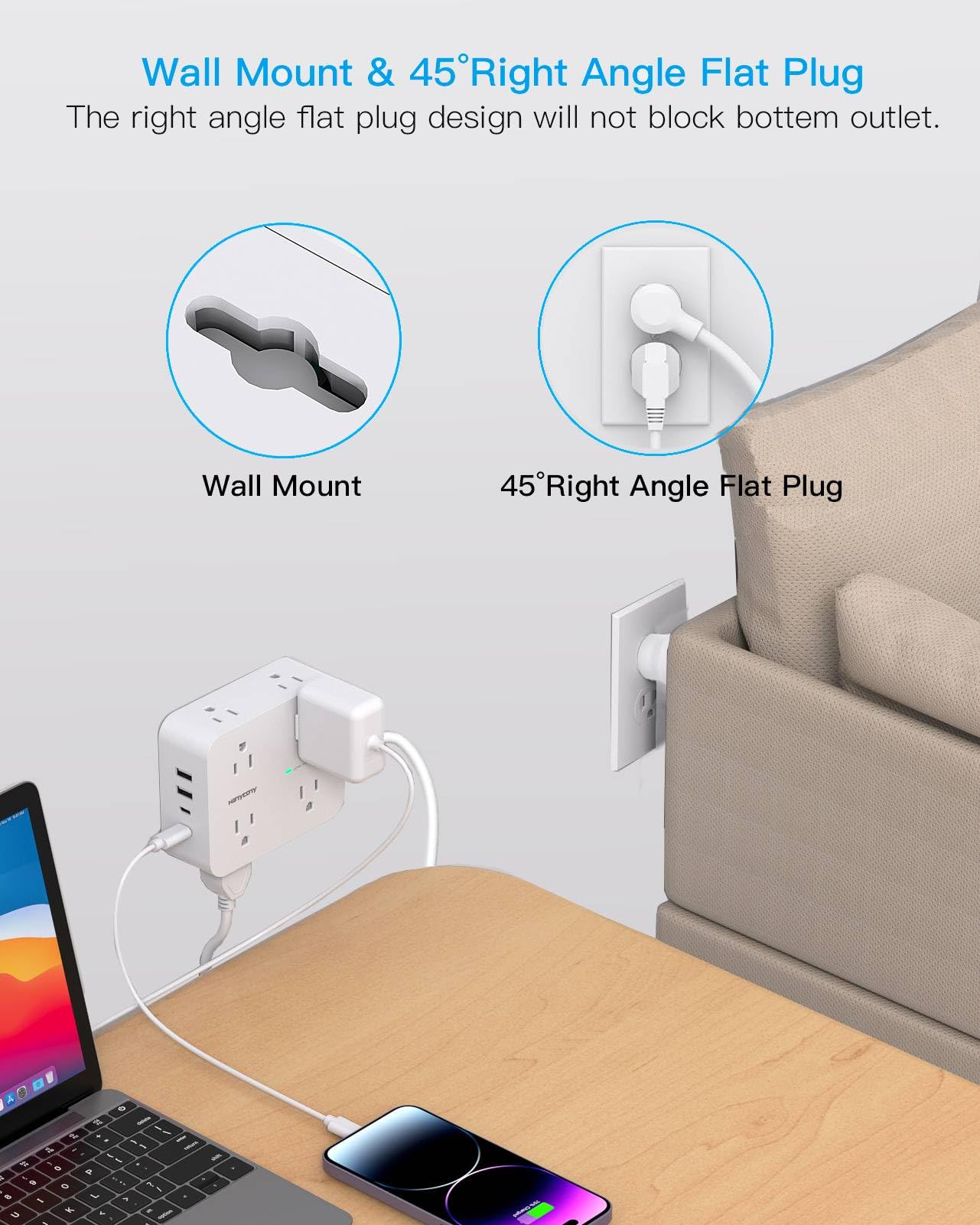 Power Strips with Surge Protection - HANYCONY 8 Widely Outlets with 4 USB Ports (2 USB C), 3-Side Outlet Extender Strip, 5 Ft Extension Cord, Ideal for Home Office College Dorm Room Essentials