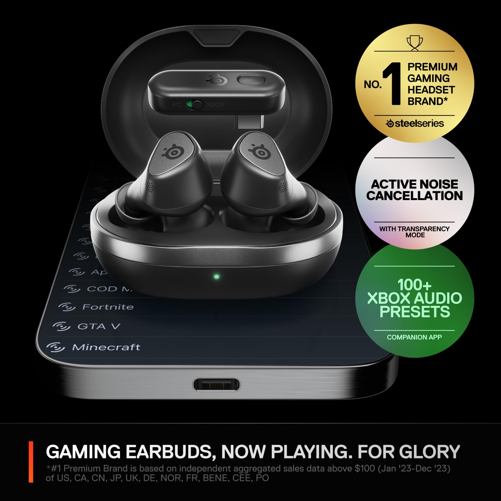 SteelSeries Arctis GameBuds for Xbox/PC/PS5/Switch/Mobile — Quick-Switch 2.4GHz+Bluetooth 5.3 — Active Noise Cancelling — Mobile App — Water Resistant IP55 — 40H Battery with Qi Charging Case - Black