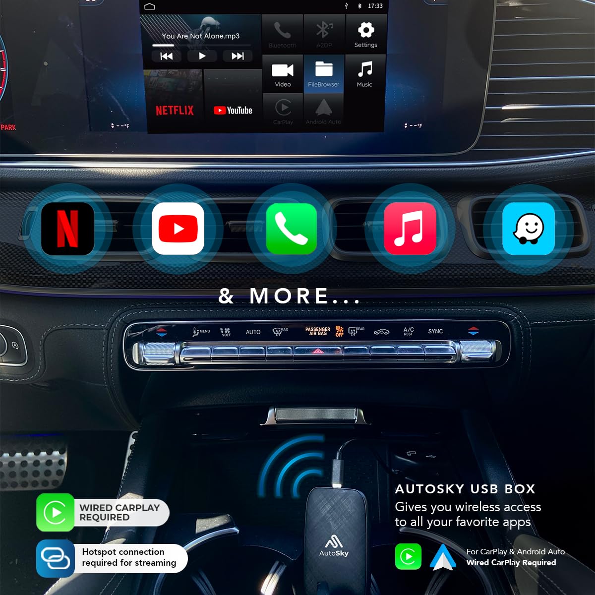 AutoSky AI Box Lite – Wireless CarPlay & Android Auto Adapter with Netflix & YouTube – Plug & Play CarPlay Converter – Works with Factory Wired CarPlay Systems (2016+)