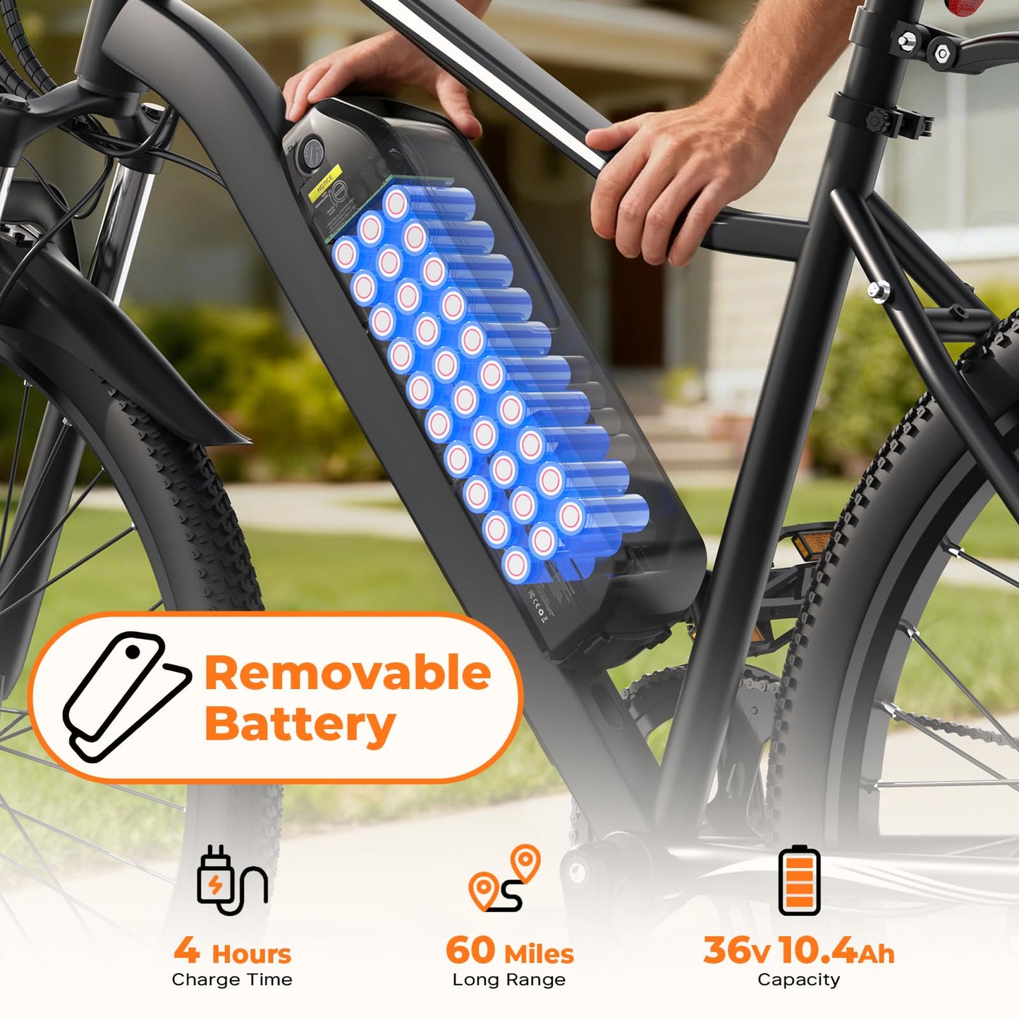 Fcgeoi Electric Bike, 750W Peak Motor, 60+ Miles Range & 20MPH, Removable Battery, 26" Tires, Dual Disc Brake, Shock Absorber, Commuting Electric Bikes for Adults