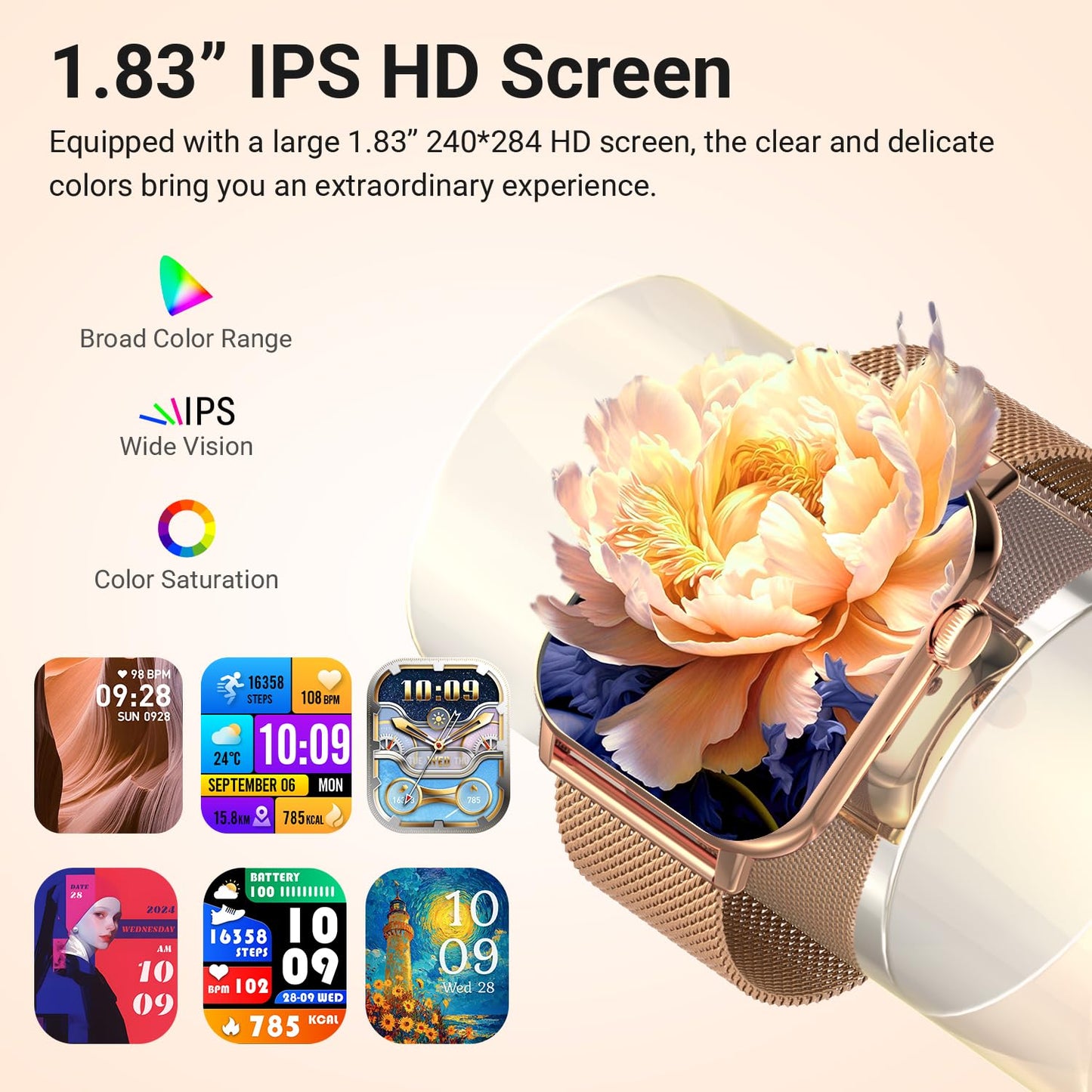 Trendia Smart Watches for Women, 1.83" HD Fitness Tracker (Answer/Make Calls), 120+ Sport Modes with Heart Rate/Sleep Monitor, IP68 Waterproof, Fitness Watch for iOS Android, Gold