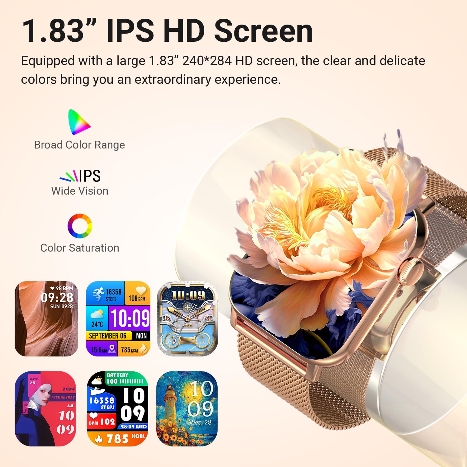 Trendia Smart Watches for Women, 1.83" HD Fitness Tracker (Answer/Make Calls), 120+ Sport Modes with Heart Rate/Sleep Monitor, IP68 Waterproof, Fitness Watch for iOS Android, Gold