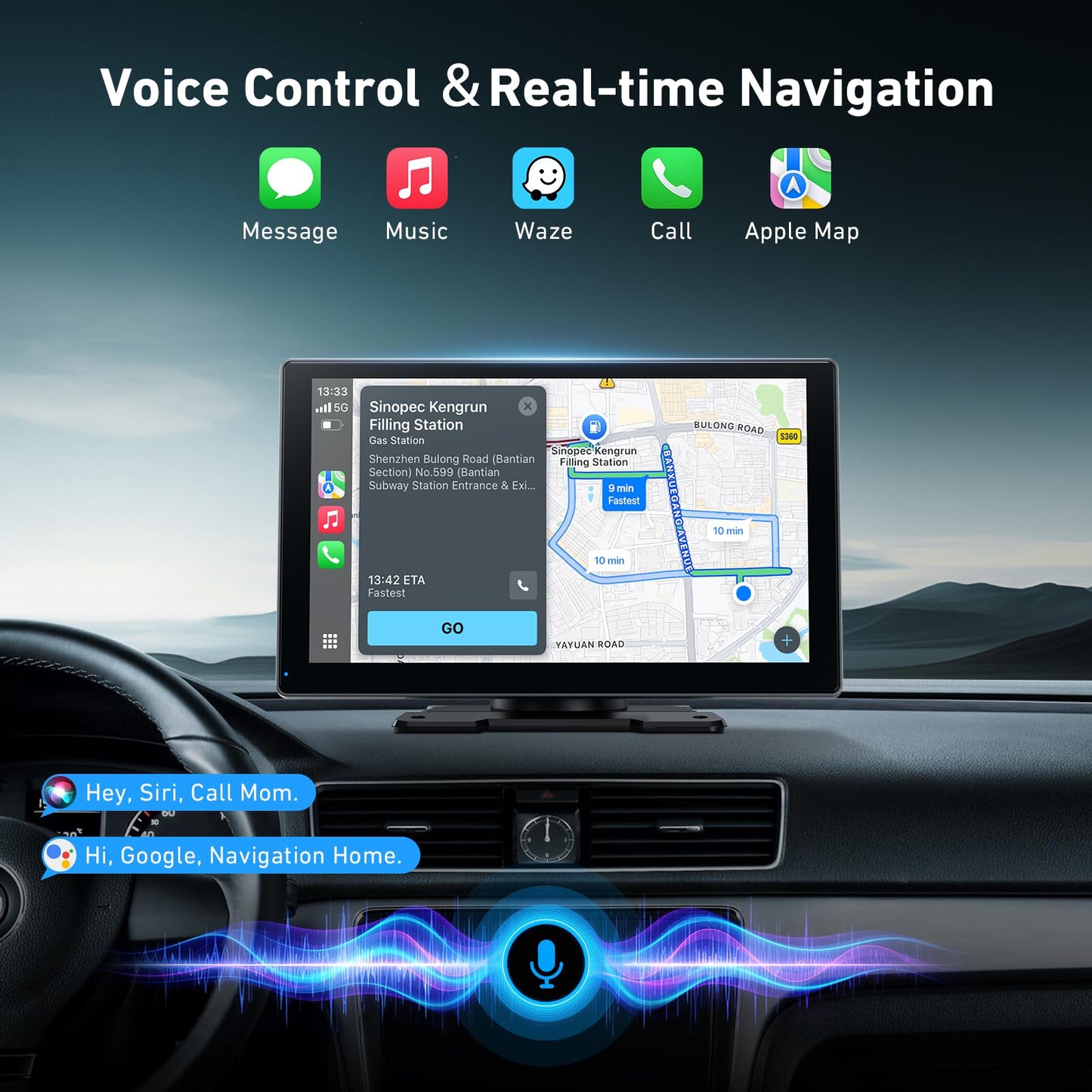 Gikktdr Wireless Carplay Screen for Car & Android Auto, 4K Dash Cam + 1080P Backup Camera, Portable Touchscreen, GPS Navigation, Bluetooth for All Cars (9inch)