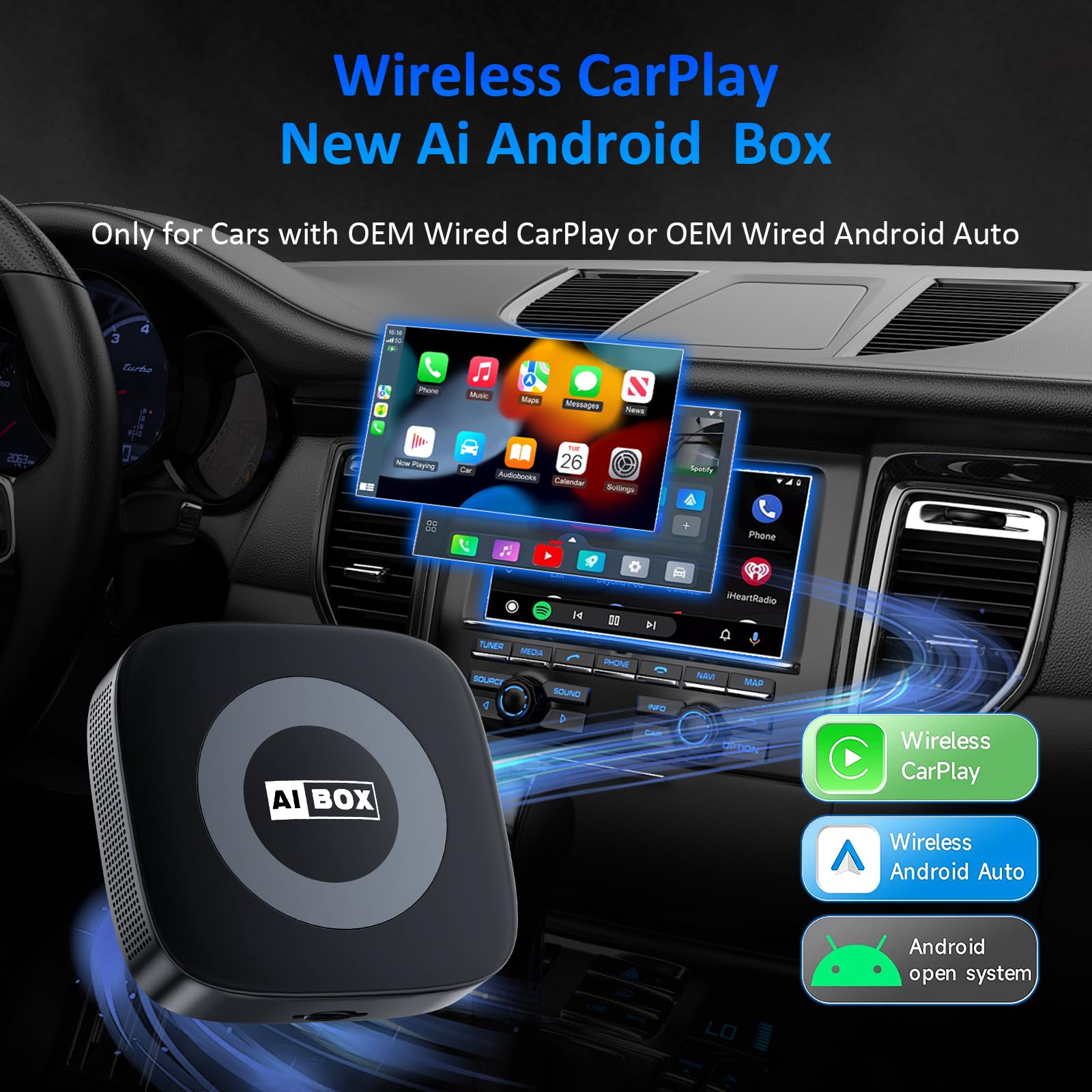 WhyBox Wireless Carplay Adapter with Netflix/YouTube Ai Box for iPhone & Android Auto Supports TF Card Plug & Play Car Play Video Entertainment Box Fits for OEM Wired CarPlay Cars