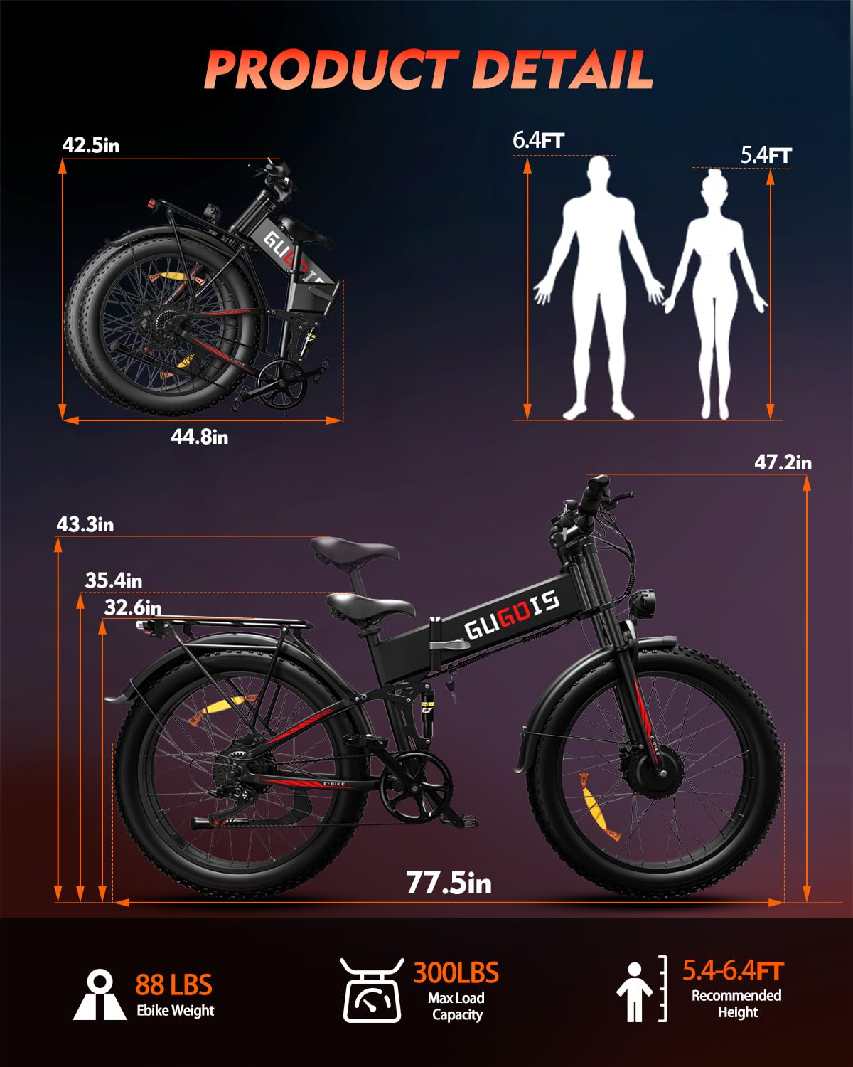 Folding Electric Bike for Adults, 3000W Peak Ebike, 48V 23Ah Removable Battery, Dual Motor 26" Fat Tire E-Bike, Up to 35MPH & 60 Miles Range, All-Terrain Electric Dirt Bike for Mountain & City Ride