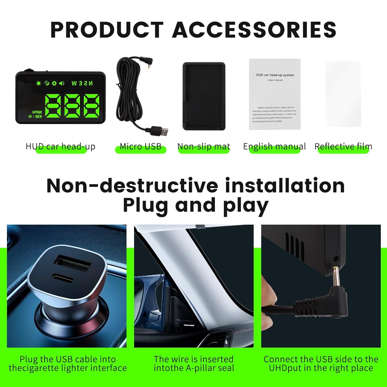 KUOWEIHUD Heads up Display for Cars,Car HUD,Head up Display for Car,Car Speedometer Display,Automatic Brightness Adjustment,Speeding Alert,USB Cable Plug & Play