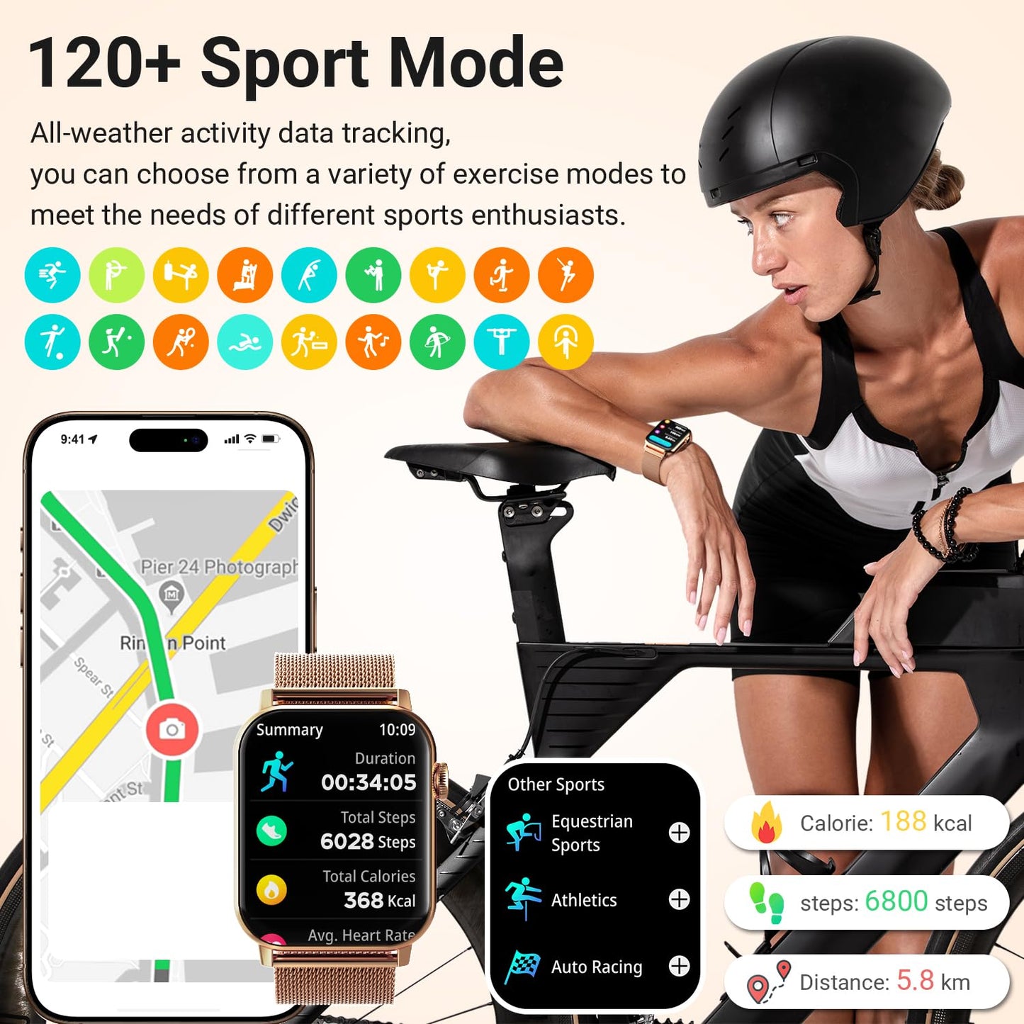 Trendia Smart Watches for Women, 1.83" HD Fitness Tracker (Answer/Make Calls), 120+ Sport Modes with Heart Rate/Sleep Monitor, IP68 Waterproof, Fitness Watch for iOS Android, Gold