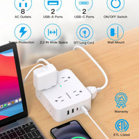 Power Strips with Surge Protection - HANYCONY 8 Widely Outlets with 4 USB Ports (2 USB C), 3-Side Outlet Extender Strip, 5 Ft Extension Cord, Ideal for Home Office College Dorm Room Essentials