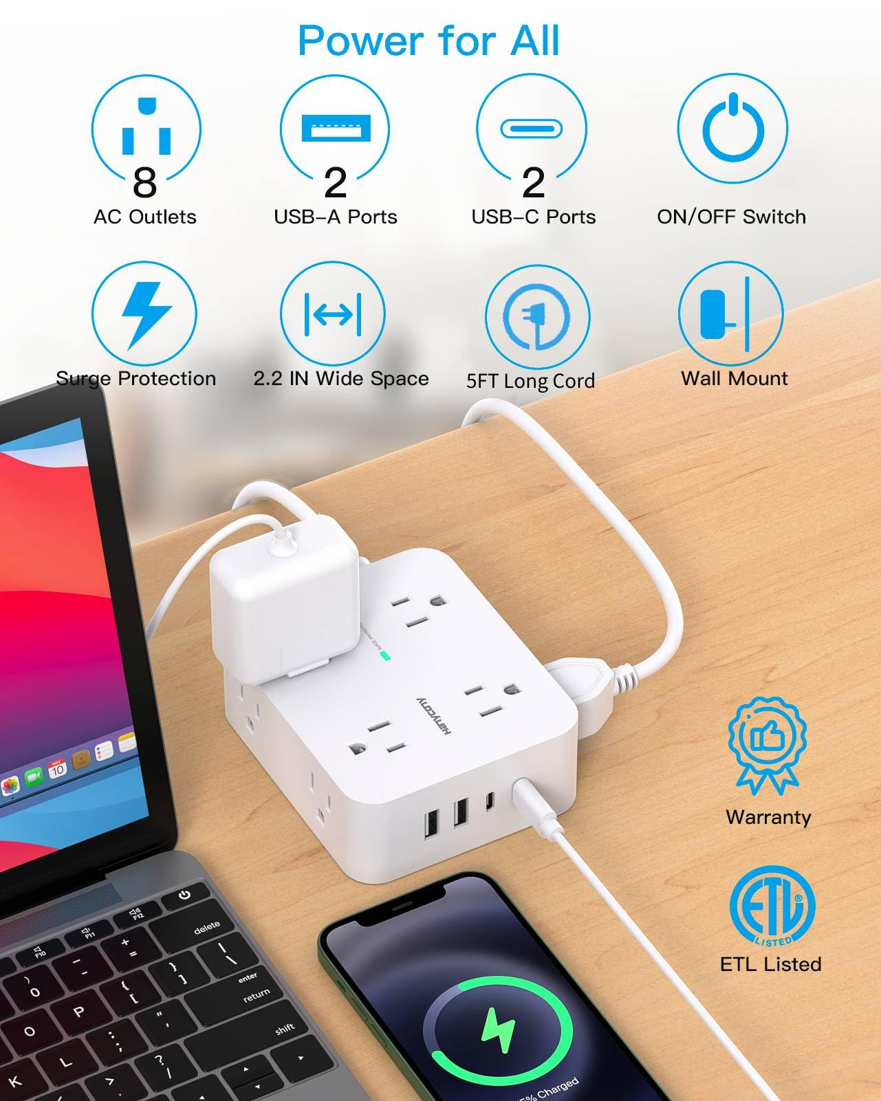 Power Strips with Surge Protection - HANYCONY 8 Widely Outlets with 4 USB Ports (2 USB C), 3-Side Outlet Extender Strip, 5 Ft Extension Cord, Ideal for Home Office College Dorm Room Essentials