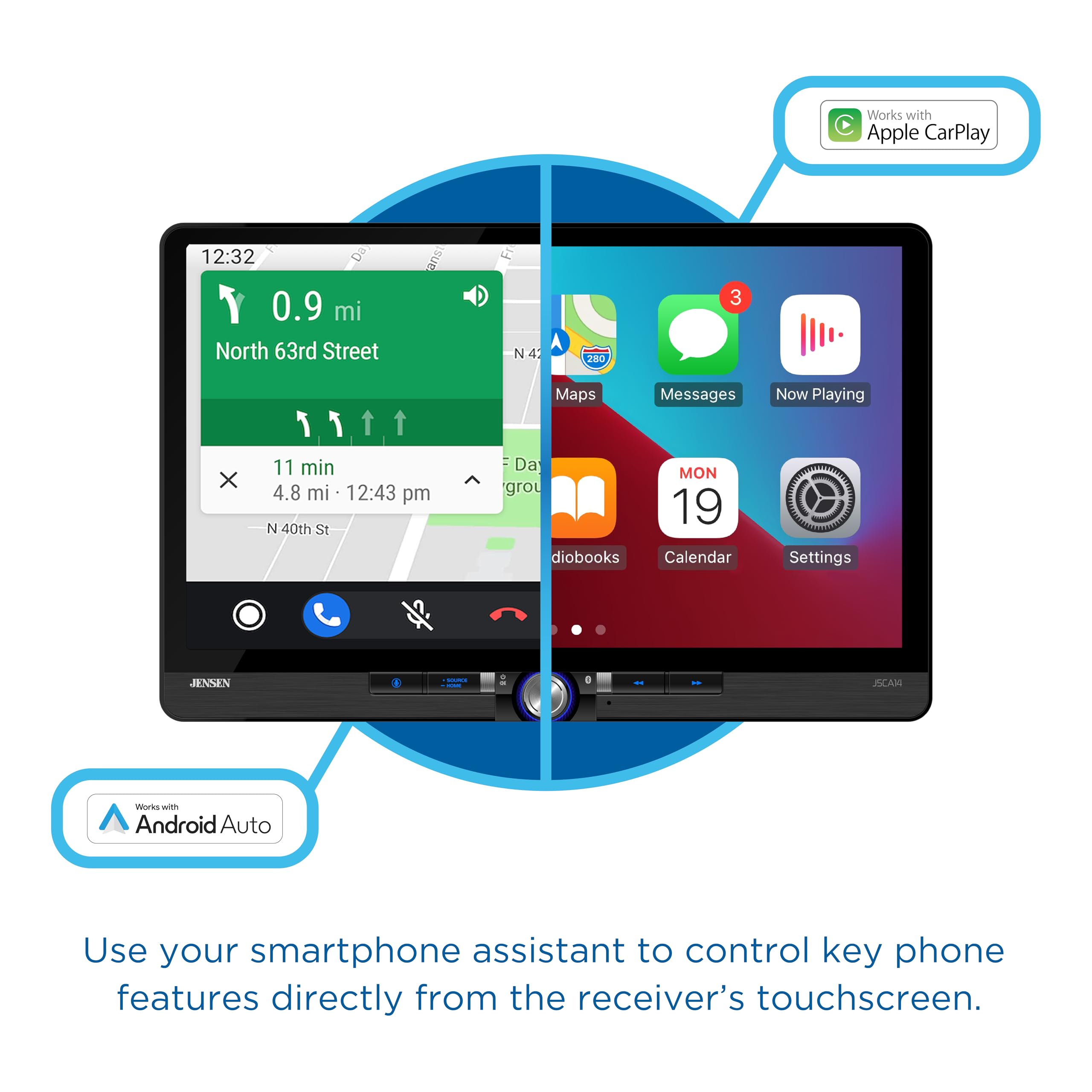 JENSEN J5CA14 14-inch Certified Apple CarPlay Android Auto Wired or Wireless | Maestro & Metra Axxess Ready | Single & Double DIN Car Stereo | SiriusXM Ready | Bluetooth | Front & Rear Camera Inputs