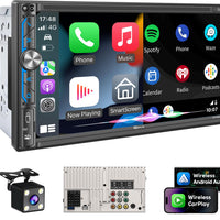 PLZ 7" Wireless Double Din Car Stereo Apple Carplay Radio Screen for Car Audio Receivers, Bluetooth 5.3 Car Play Android Auto Touchscreen, 240W 4.2 CHN 2 Subwoofers Outputs, Backup Camera, SWC, FM/AM