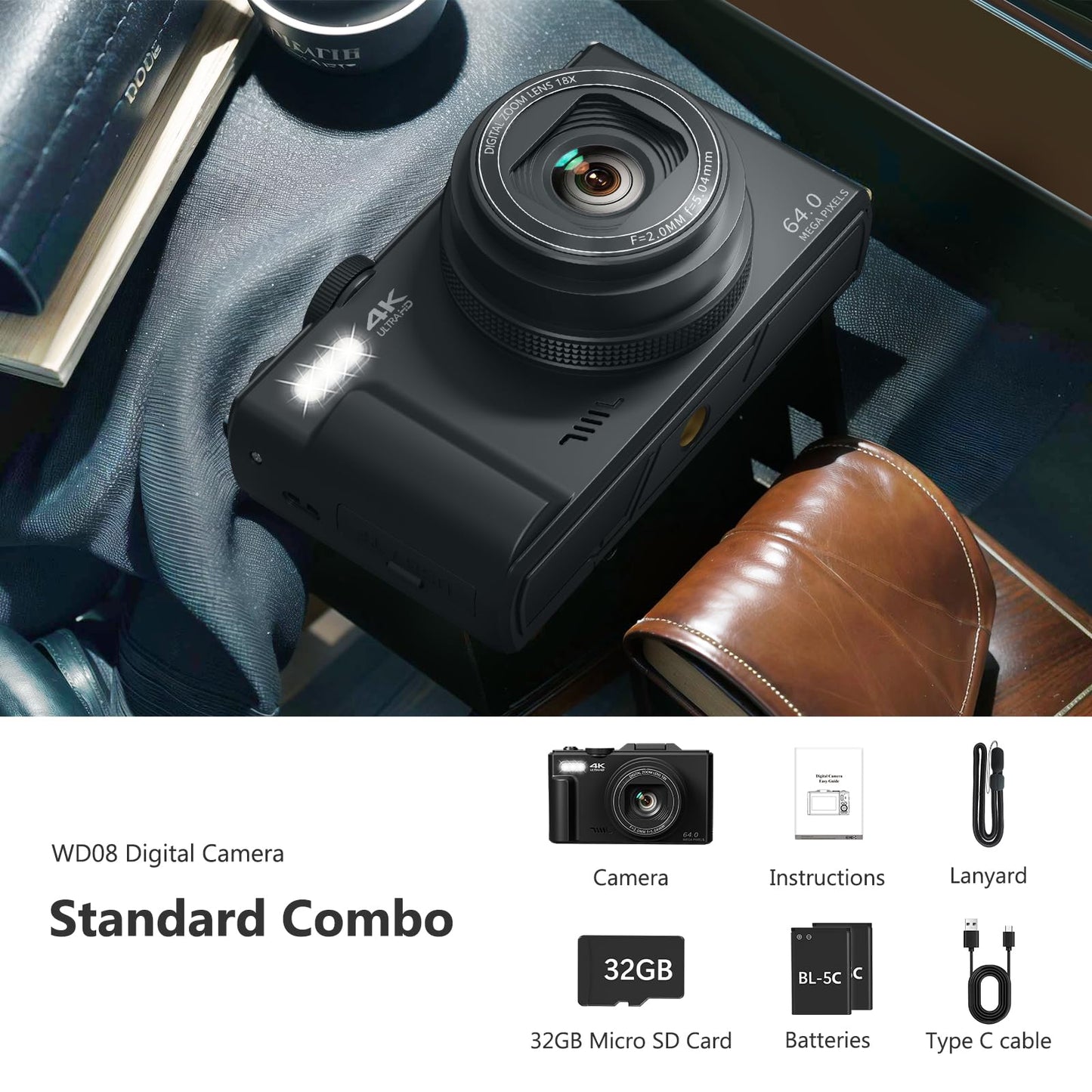 4K Digital Camera for Photography, 64MP Vlogging Camera for YouTube with 3" 180° Flip Screen, 18X Digital Zoom Point and Shoot Camara with 32GB Micro SD Card for Beginner (Black) - Volt-Edge Technologies®