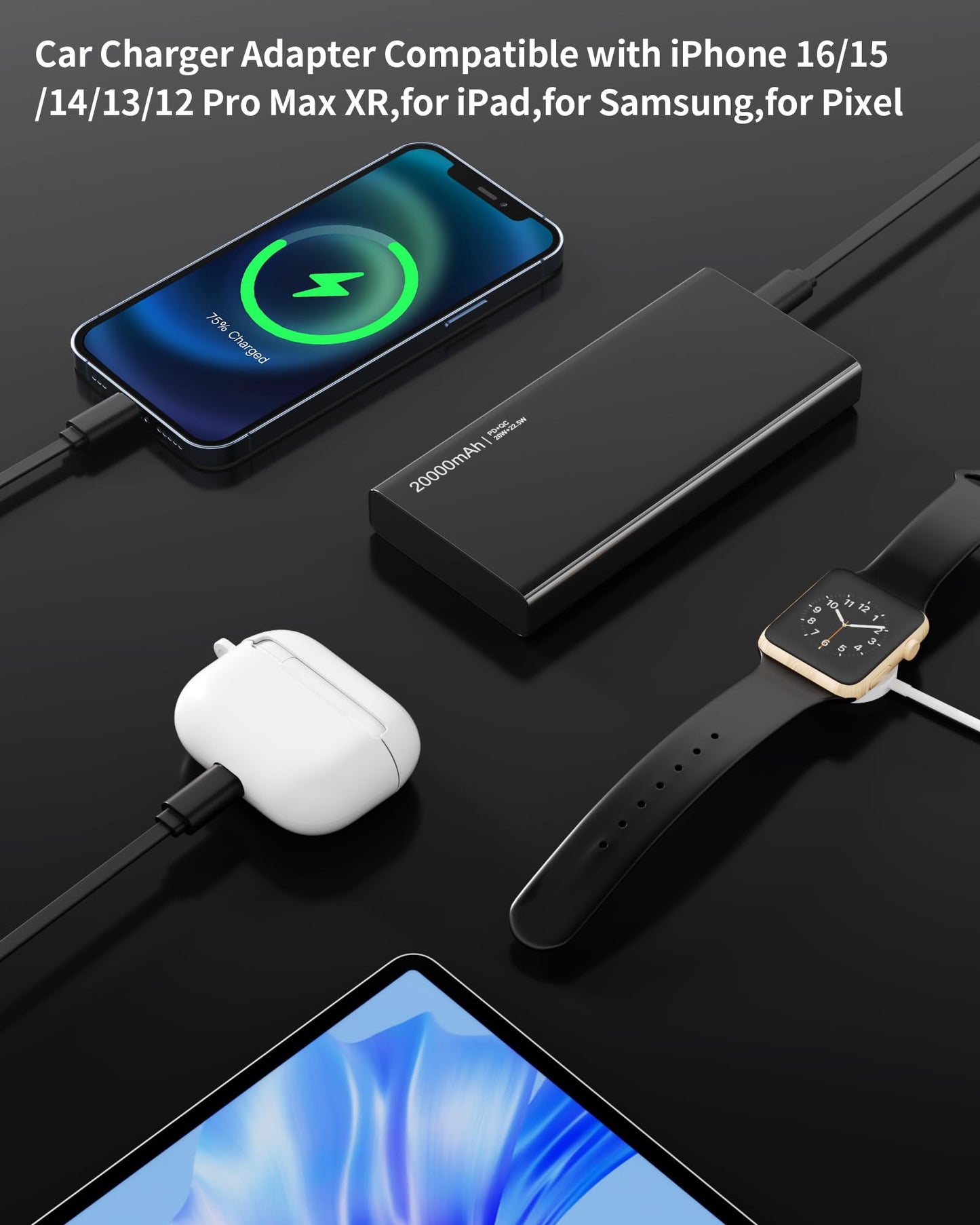 Retractable Car Charger, 4 in 1 Fast Charging Car Charger USB-C & USB-A Compatible with iPhone 16/15/14/13/12/11,Galaxy,Pixel