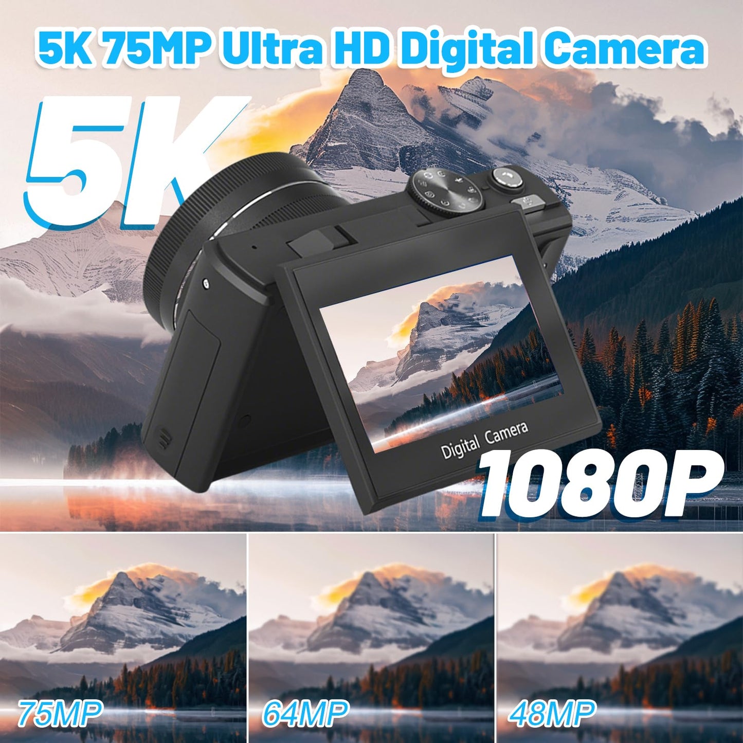 5k Digital Camera,75mp Cameras for Photography with 18x Optical Zoom & Autofocus,3" 180° Flip Screen,WiFi Vlogging Camera for YouTube Video,Photography Cameras for Beginners,With32GB Card & Flas - Volt-Edge Technologies®